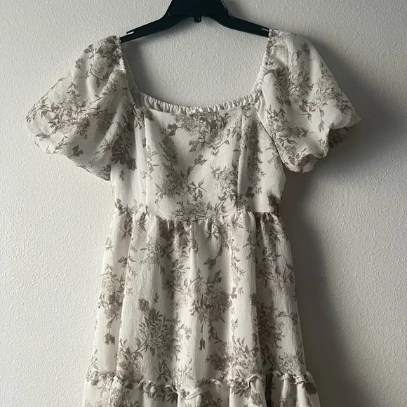 Blu Pepper Cream Midi Dress with Brown Floral Print and Puff Sleeves, Size M - Picture 1 of 7